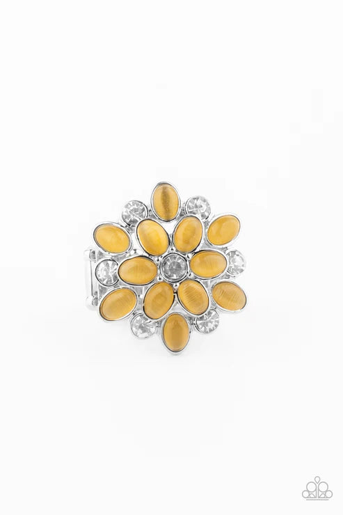 Hopes and GLEAMS - Yellow Floral Encrusted Cat's Eye Moonstone Stacked Ring R#808