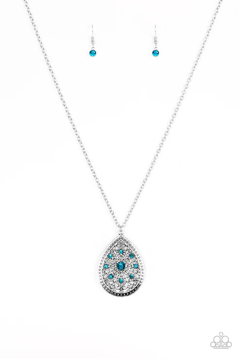 I Am Queen - Oversized Dramatic Blue Encrusted Filigree Floral Teardrop Pendant Necklace N#6137