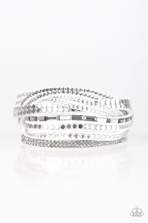 I Came To Slay - Oversized White Smoky Elongated Mishmash Flat Emerald-Cut Suede Double Wrap Adjustable Snap Closure Bracelet B#4213