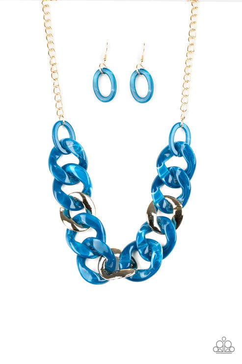 I Have A HAUTE Date - Blue/Gold Faux Marble Smoky Metallic Links Necklace N#3588