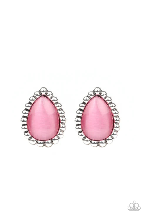 I Wanna GLOW - Pink Cat's Eye Moonstone Studded Teardrop Earrings E#2850