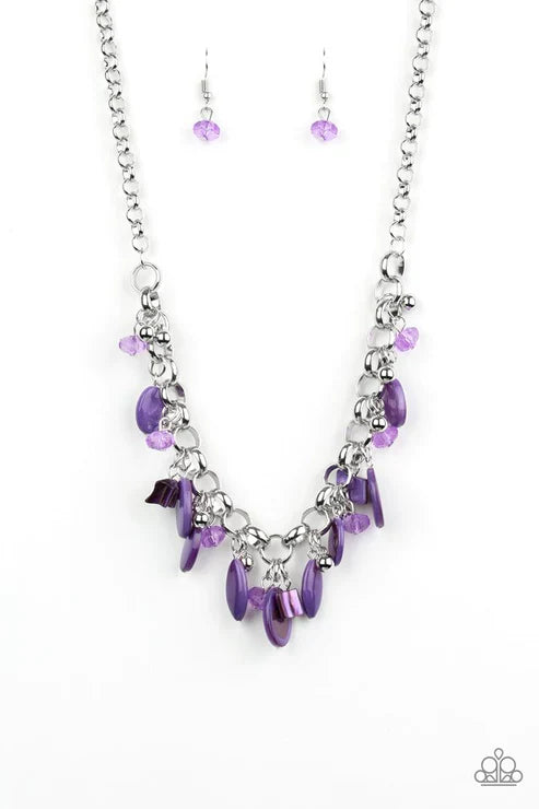 Purple Crystal Shell Fringe - Purple Shell-like Crystal-like Whimsical Fringe Necklace N#7413