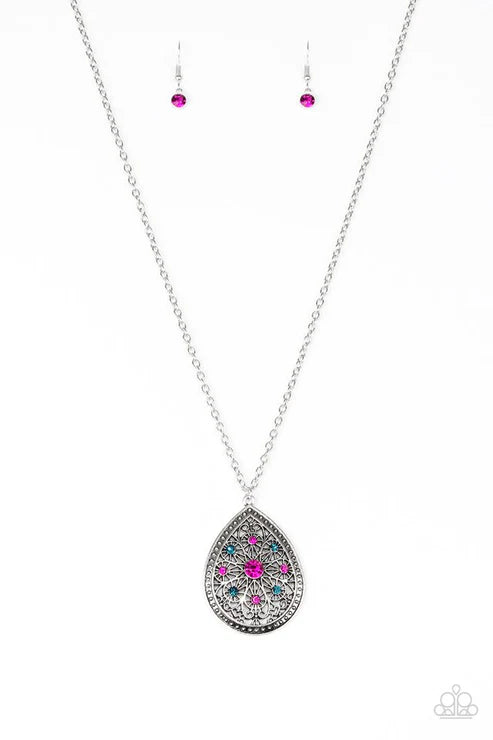I Am Queen - Oversized Dramatic Multi (Blue/Pink) Encrusted Filigree Floral Teardrop Pendant Necklace N#7286