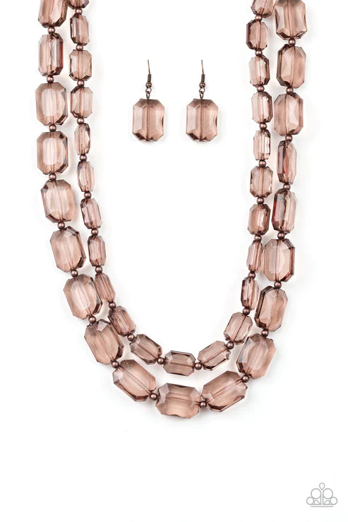 Ice Bank - Copper Infused Beads Emerald-Cut Layered Edgy Necklace N#4551