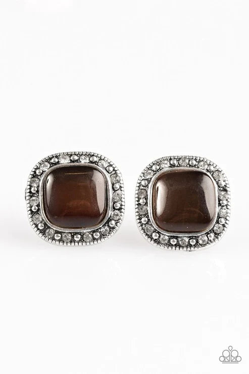 Ice Palace - Brown Cat's Eye Moonstone Dots Square Encrusted Regal Earrings E#3044