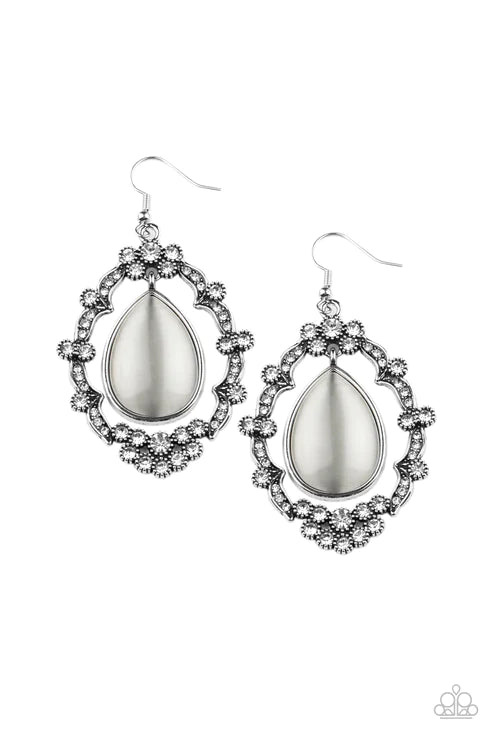 Icy Eden - Oversized White Ornate Cat's Eye Moonstone Encrusted Teardrop Lure Earrings E#2955
