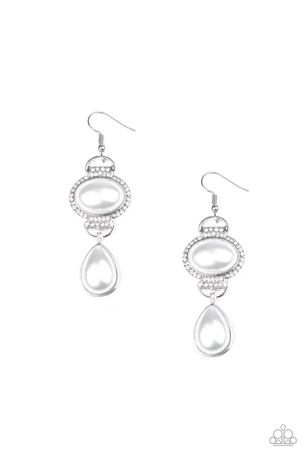 Icy Shimmer - Oversized White Oval Pearl Suspended Encrusted Teardrop Earrings E#6832