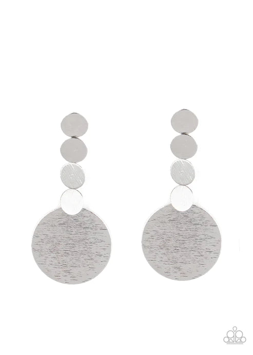 Idolized Illumination - Oversized Silver Scratched Surface Silver Discs Connects To A Large Gold Disc Bold Display Earrings E#4535