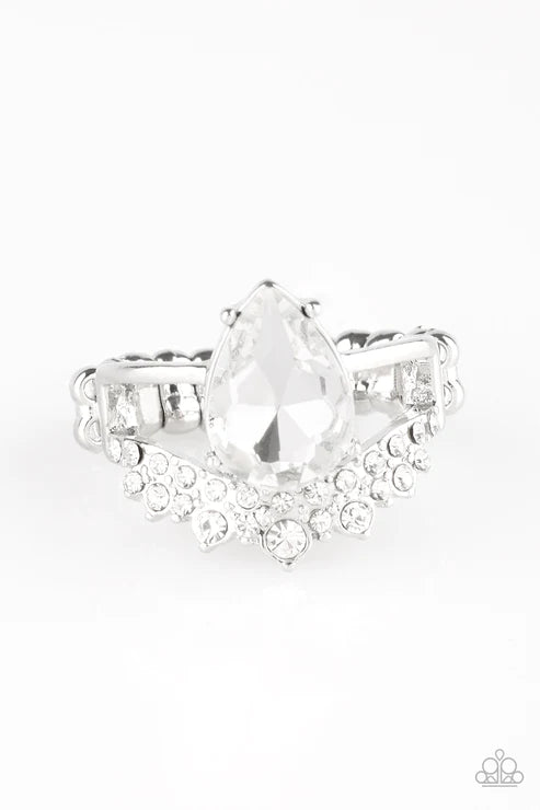 If The Crown Fits - White Crown Arc Bar Encrusted Teardrop Ring R#5952