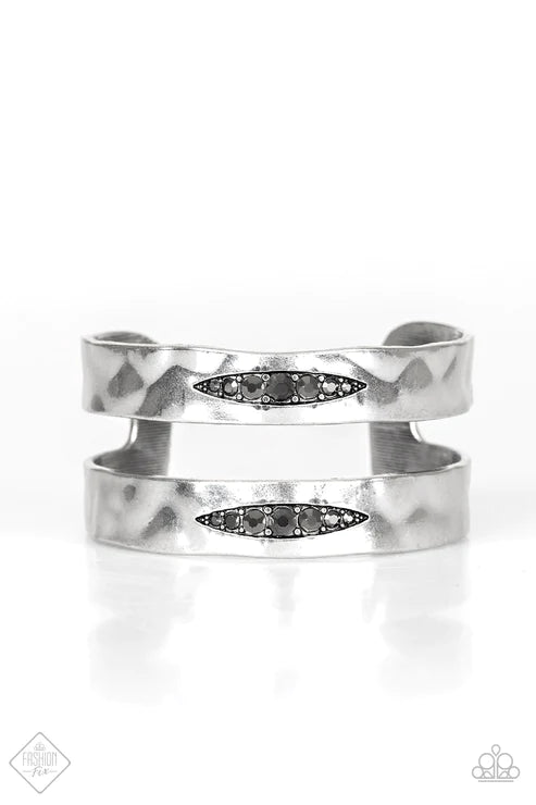 In HAUTE Pursuit - Oversized Silver Hematite Encrusted Marquise Cutout Hammered Arc Cuff Bracelet B#3622