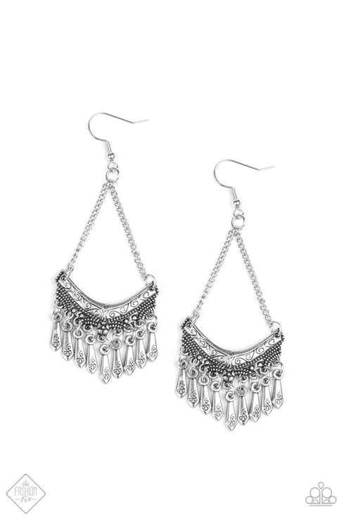 In ROGUE - Silver Dotted Floral Tribal Fringe Earrings E#3107