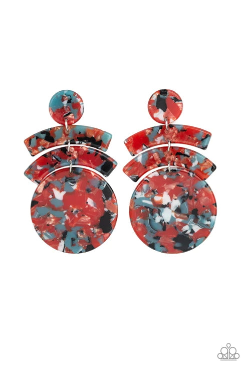 In The HAUTE Seat - Oversized Orange Abstract Faux-Marble Links Earrings E#5849