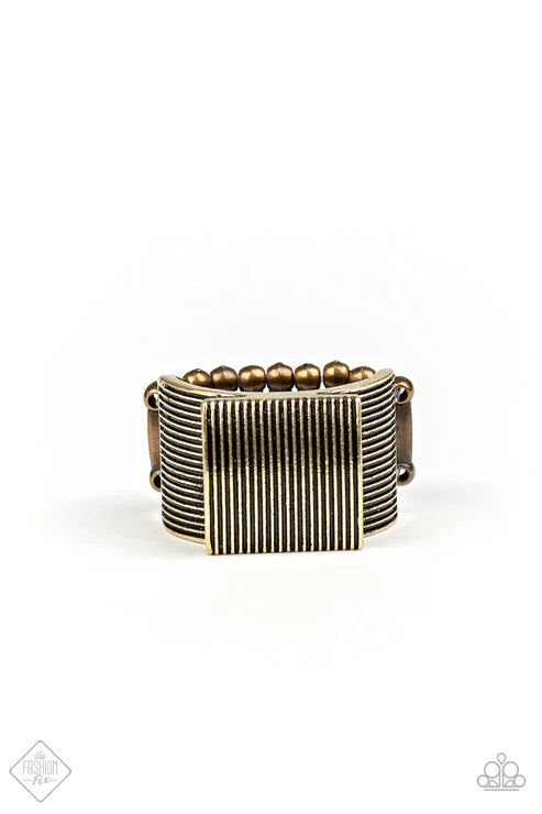 In GRATE Measure - Oversized Brass Etched Alternating Linear Textured Bold Square Ring R#5740