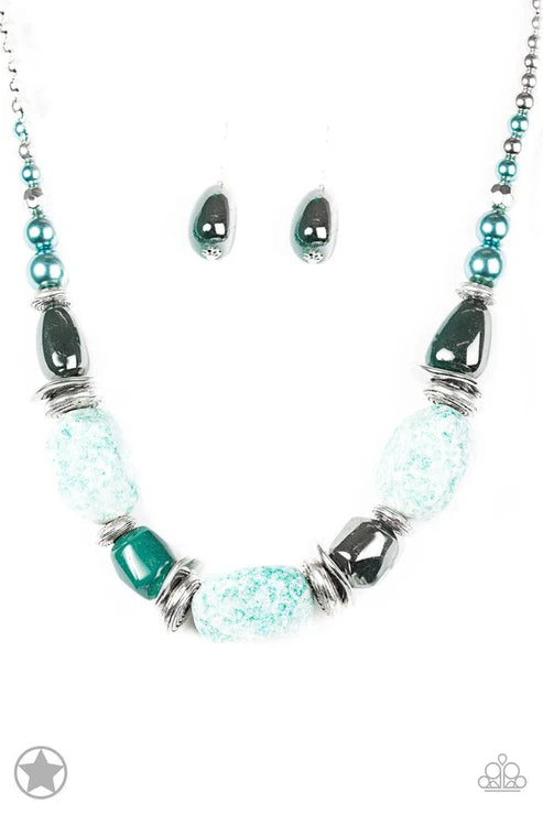 In Good Glazes - Oversized Chunky Blue (Blue/White) Glazed Finish Pearly Speckled Faux Rocks NecklaceN#7291