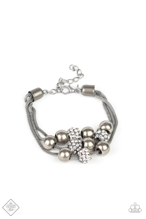 Industrial Integration - Oversized White/Gritty Tin Trio Chaos Encrusted Slide Along Rounded Mesh Industrial Bracelet B#7178