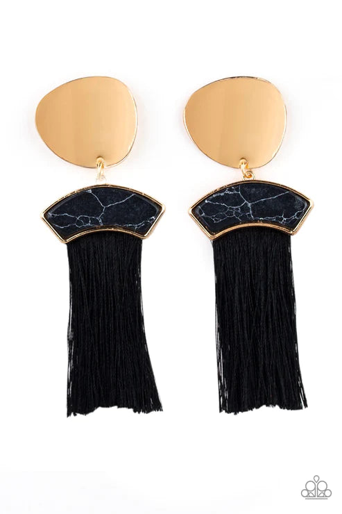 Insta Inca - Oversized Gold/Black Asymmetrical Disc Stone Plume Tassel Streams Earrings E#2907