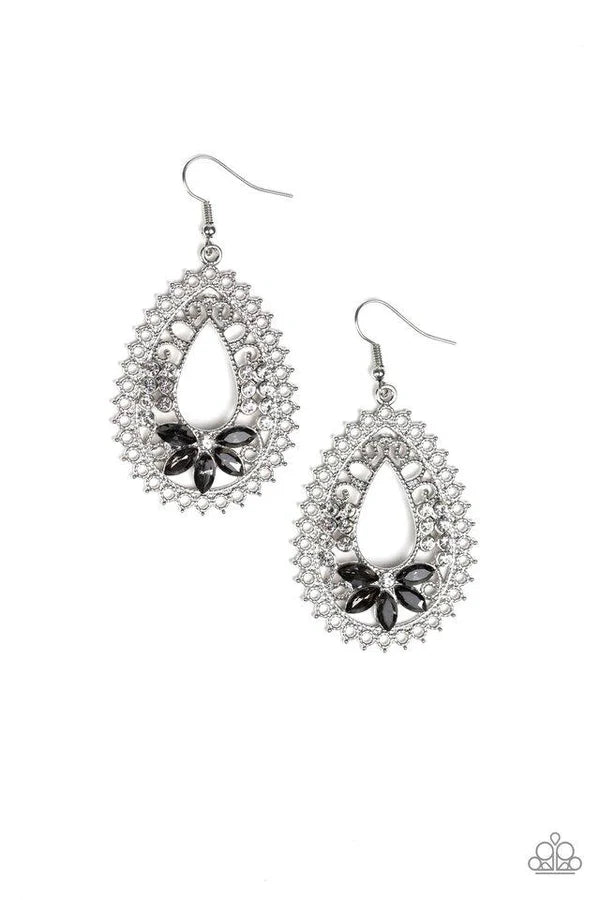 Instant REFLECT - Oversized Silver Smoky Marquise Studded Floral Filigree Swirl Teardrop Earrings E#6835