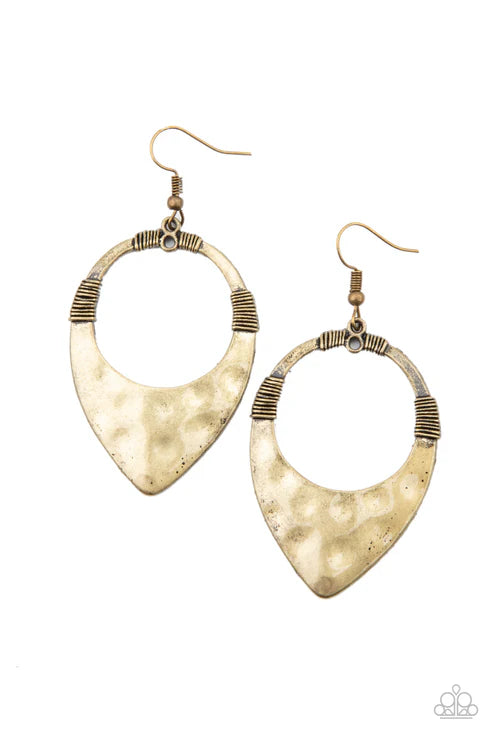 Instinctively Industrial - Oversized Brass Wire Warped Hammered Industrial Teardrop Earrings E#6764