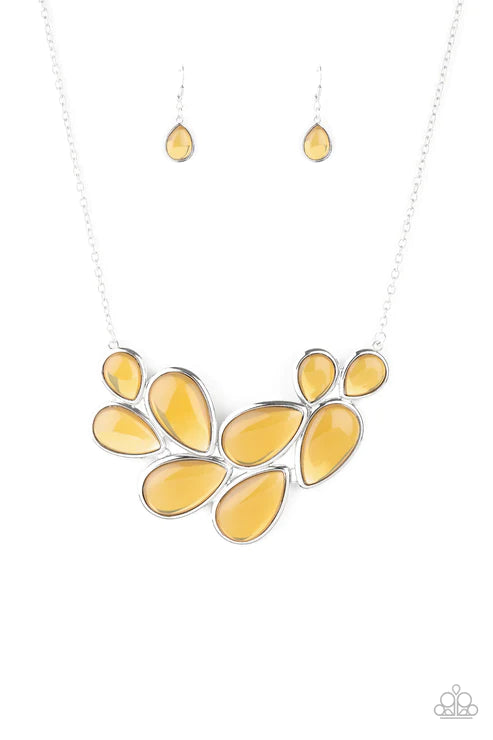 Iridescently Irresistible - Oversized Yellow Bubbly Opalescent "Puff" Cluster Teardrop Necklace N#5604