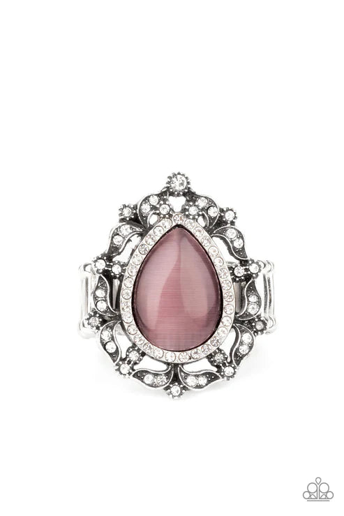 Iridescently Icy - Oversized Purple Dotted White Encrusted Leafy Frames Nestle Cat's Eye Moonstone Teardrop Center Regal Centerpiece Ring R#7371