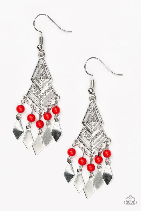 Island Import - Red Geometric Kite Tribal Fringe Earrings E#6206