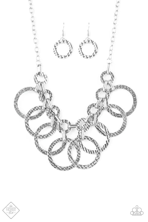 Jammin Jungle - Silver Interconnected Hammered Textured Hoop Fringe Necklace N#4751