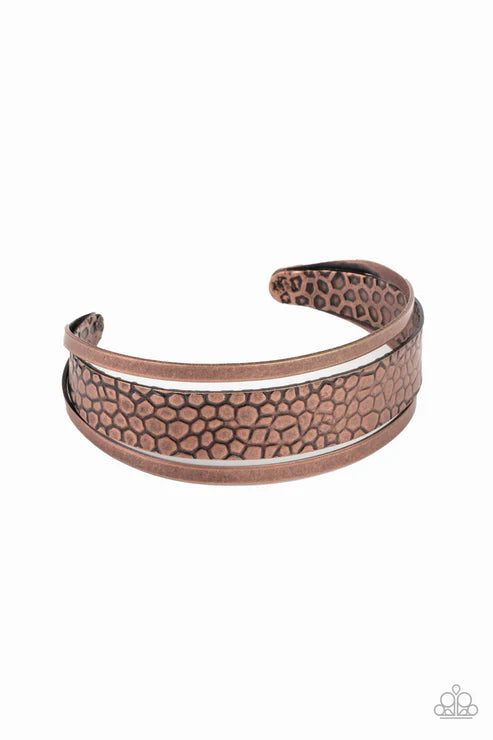 Jungle Jingle - Oversized Copper Antiqued Airy Embossed Metallic Wild Crocodile Stacked Cuff Bracelet B#4660
