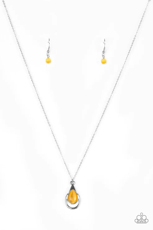 Just Drop It! - Yellow Abstract Cat's Eye Moonstone Teardrop Whimsical Pendant Necklace N#3022
