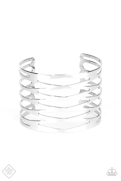 Keep Them On Edge - Oversized Silver Decorated Back/Forth Sharp Angles Flat Bars Cuff Bracelet B#6548