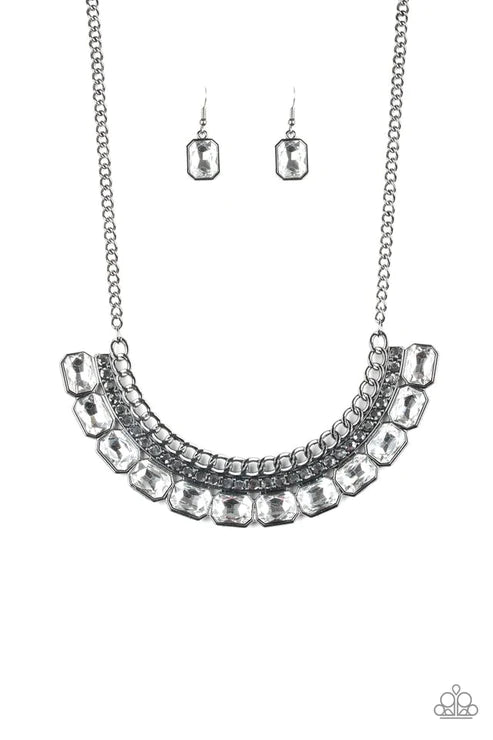 Killer Knockout - Oversized Black Hematite Encrusted Emerald-Cut Collar Chain Necklace N#2787
