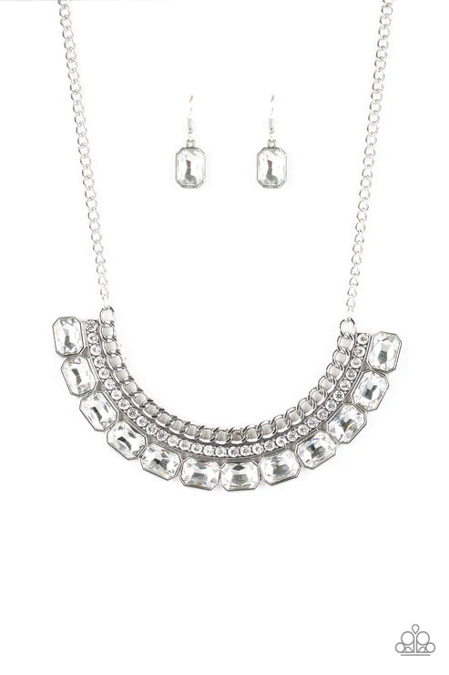 Killer Knockout - Oversized White Encrusted Emerald-Cut Collar Chain Necklace N#2801