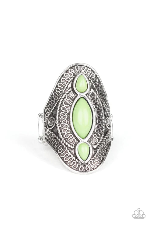 Kindred Spirit - Oversized Green Embossed Swirl Filigree Marquise Cut/Teardrop Tribal Ring R#3897