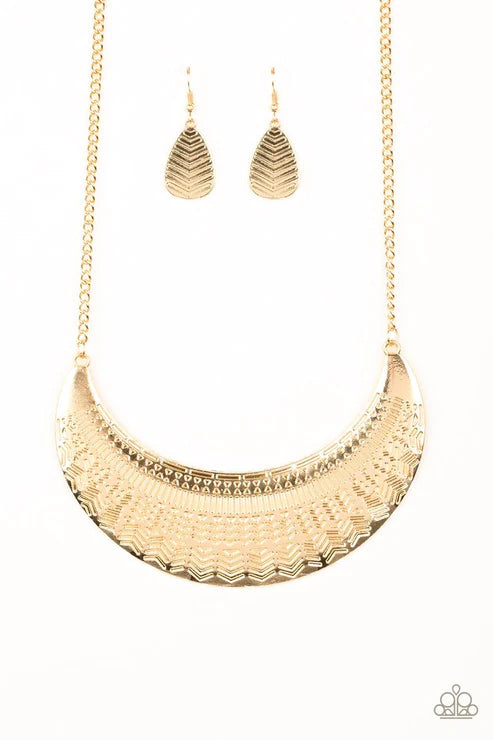 Large As Life - Oversized Gold Stamped Geometric Half-Moon Tribal Necklace N#3482