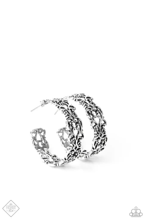Laurel Wreaths - Oversized Silver Antiqued Studded 3D Vine Filigree Hoop Earrings E#7245