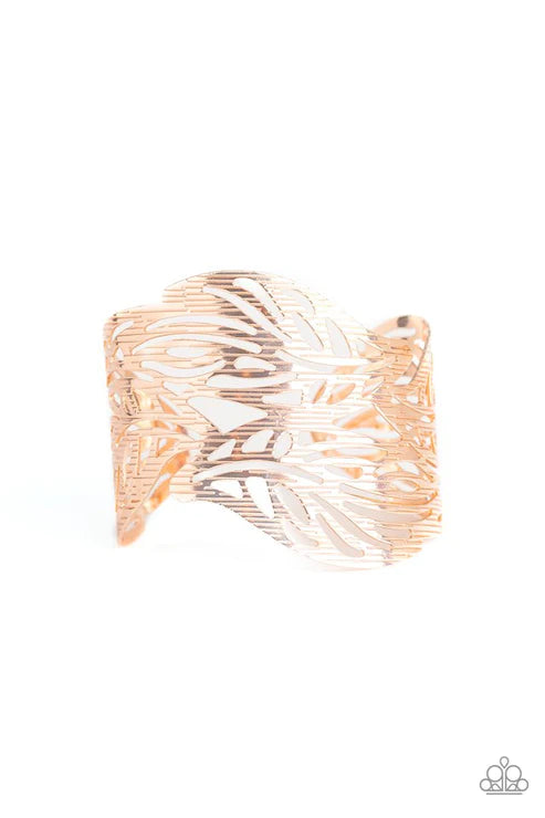 Leafy Lei - Oversized Rose Gold Etched Linear Leaf Cuff Bracelet B#3705