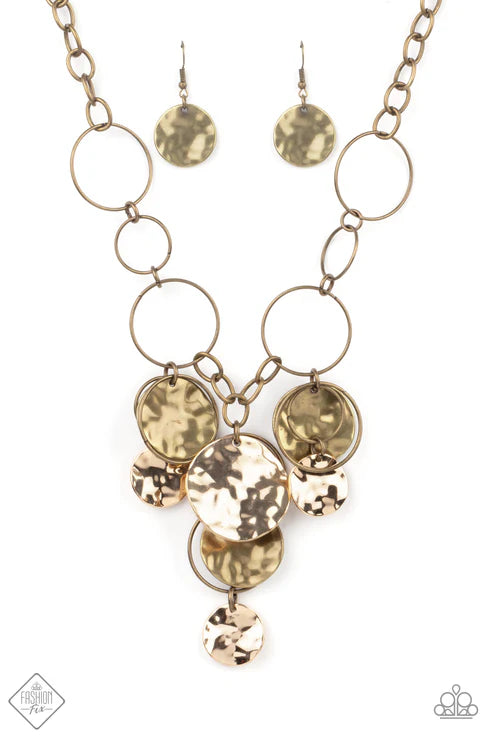 Learn the HARDWARE Way - Oversized Brass (Brass/Gold) Antiqued Hammered Mixed Metallic Rustic Hoops Fringe Necklace N#7388