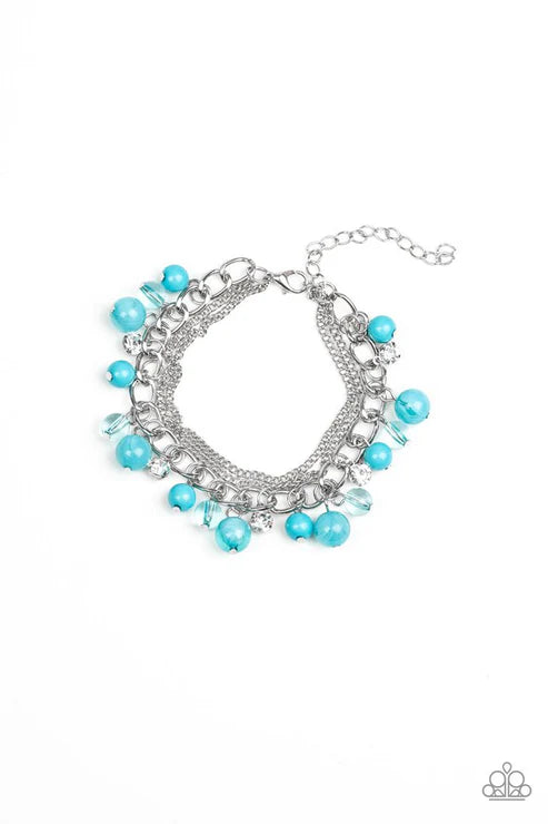 Let Me SEA! - Blue Infused Layers of Mismatched Silver Chains Glassy/Polished Whimsical Encrusted Bracelet B#4771