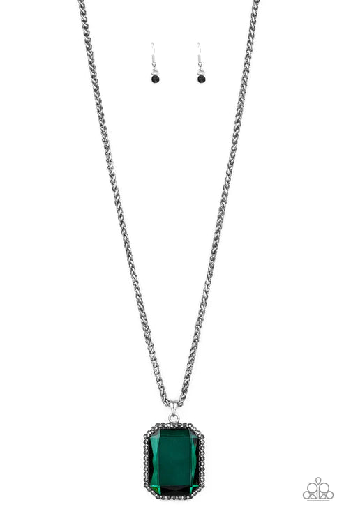 Let Your HEIR Down - Oversized Green/Gunmetal Hematite Encrusted Faceted Emerald Cut Wheat Chain Necklace N#5719