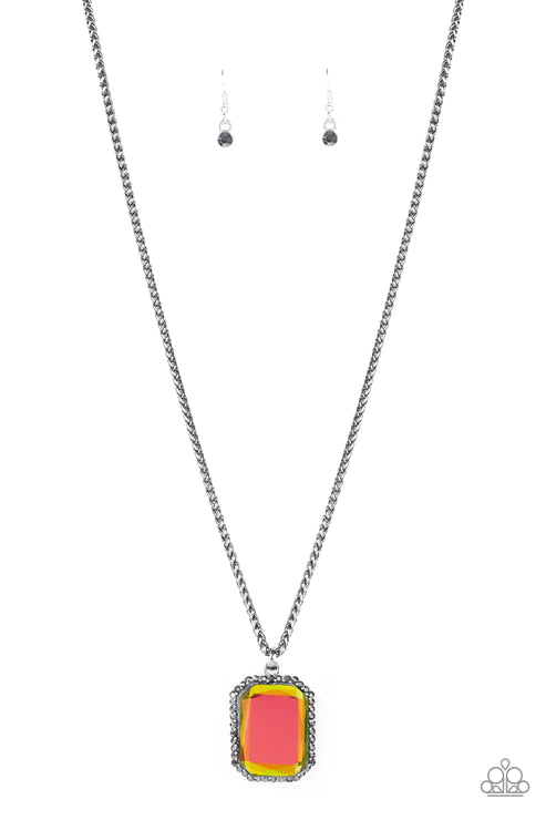 Let Your HEIR Down - Oversized Multi/Gunmetal Oil Spill Hematite Encrusted Faceted Emerald Cut Wheat Chain Necklace N#5628