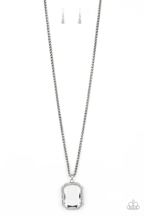 Let Your HEIR Down - Oversized White Hematite Encrusted Faceted Emerald Cut Wheat Chain Necklace N#6012