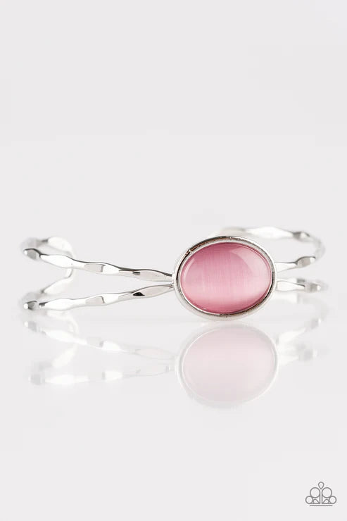 Lets Get Things GLOWING! - Pink Cat's Eye Moonstone Arc Hammered Cuff Bracelet B#5041