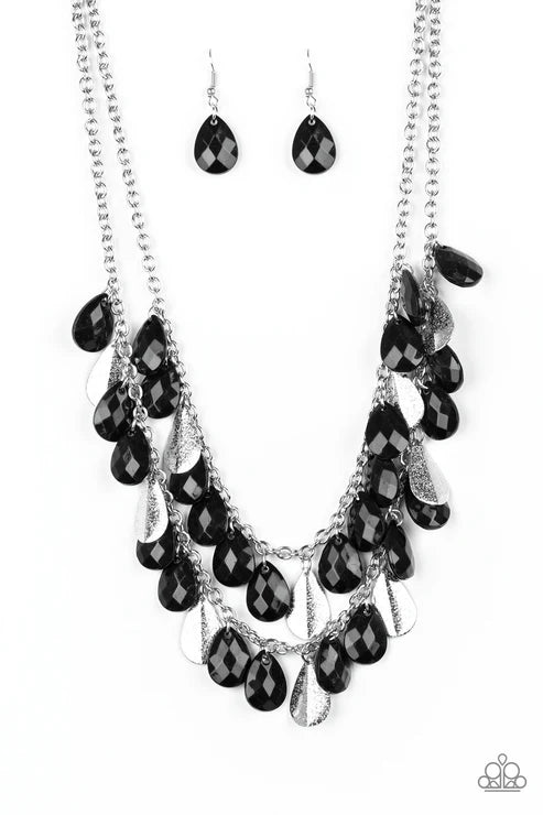 Life of the FIESTA - Black Faceted Shimmer Beveled Teardrop Fringe Necklace N#6439