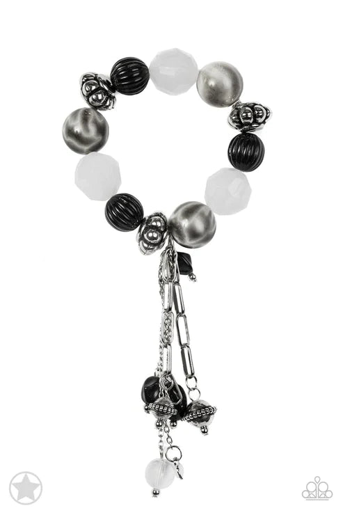 Lights! Camera! Action! - Oversized Black (Black/Silver/White) Dramatic Nestled Dangling Charms Bracelet B#5596