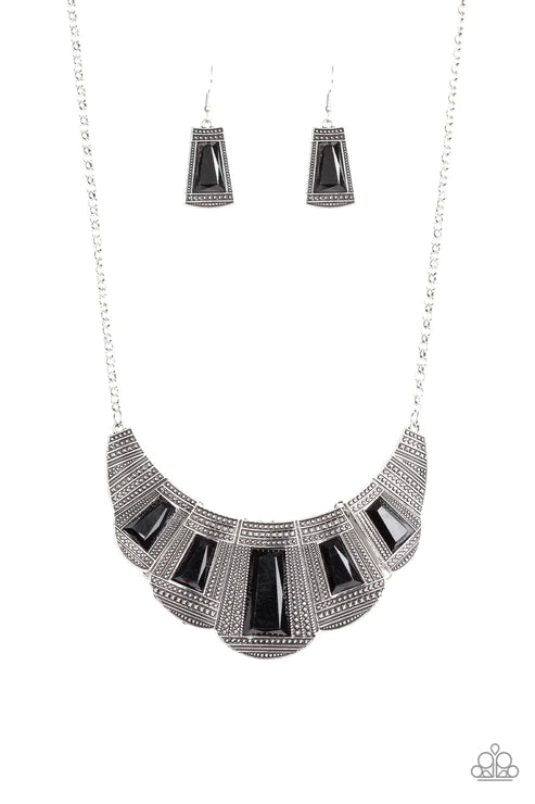 Lion Den - Black Geometric Studded Faceted Emerald Cut Link Necklace N#2918