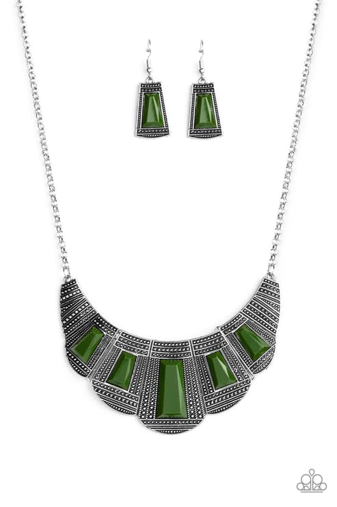 Lion Den - Green (Eden) Geometric Studded Faceted Emerald Cut Link Necklace N#4527