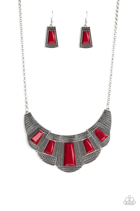 Lion Den - Red Geometric Studded Faceted Emerald Cut Link Necklace N#4680