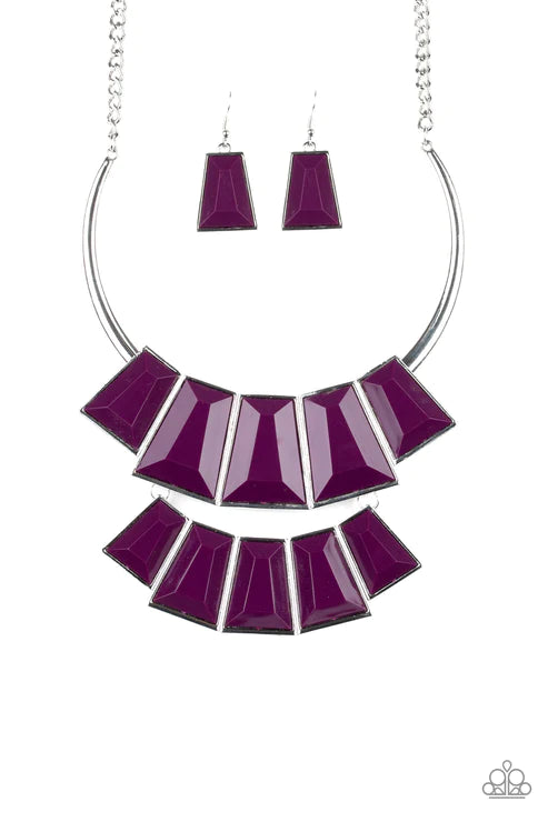 Lions, TIGRESS, and Bears - Oversized Purple (Plum) Hue Faceted Emerald Cut Plated Necklace N#4504