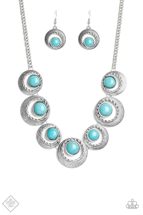 Lions, Tigers, and Bears - Oversized Blue Nestled Bordered Beveled Hammered Textured Twisted Rope Stone Necklace N#5808