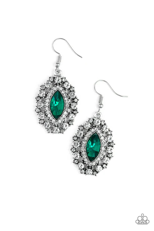 Long May She Reign - Green Encrusted Marquise Cut Studded Earrings E#5119