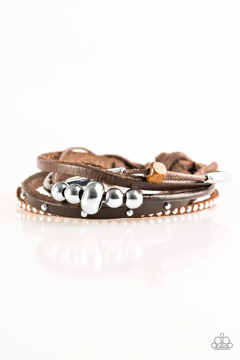 Long Road Home - Brown Metallic Mishmash Cord Studded/Wood Accent Leather Urban Bracelet B#4722